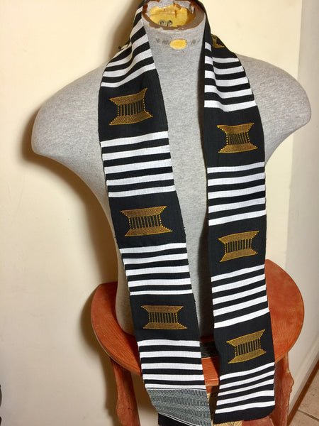 Kente Black/White And Gold Handwoven Stole Ghana